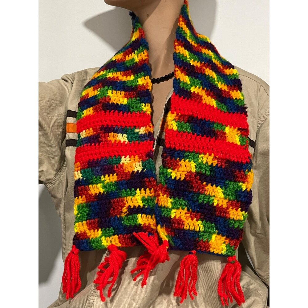 Handmade Rainbow Crochet Scarf With Red Tassels